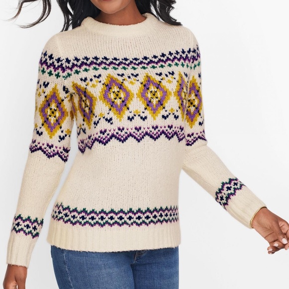 Talbots Cream Purple Fair Isle Wool Mockneck Sweater Petite - Picture 1 of 10